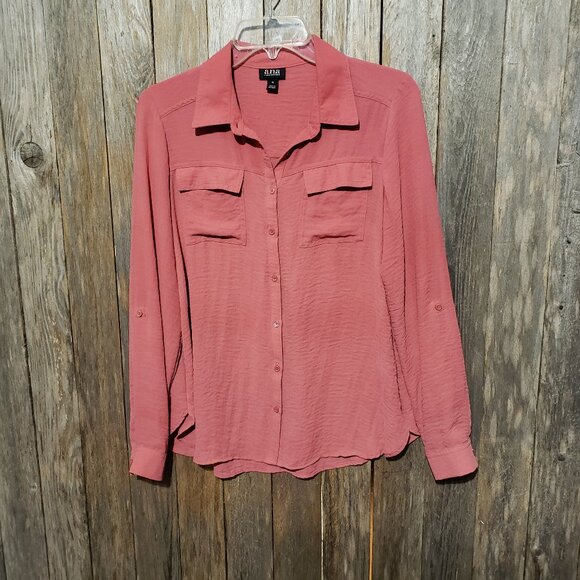 Ana M Women's Top Blouse Pink Button Front Long Roll Tab Sleeve Pockets - Picture 1 of 6